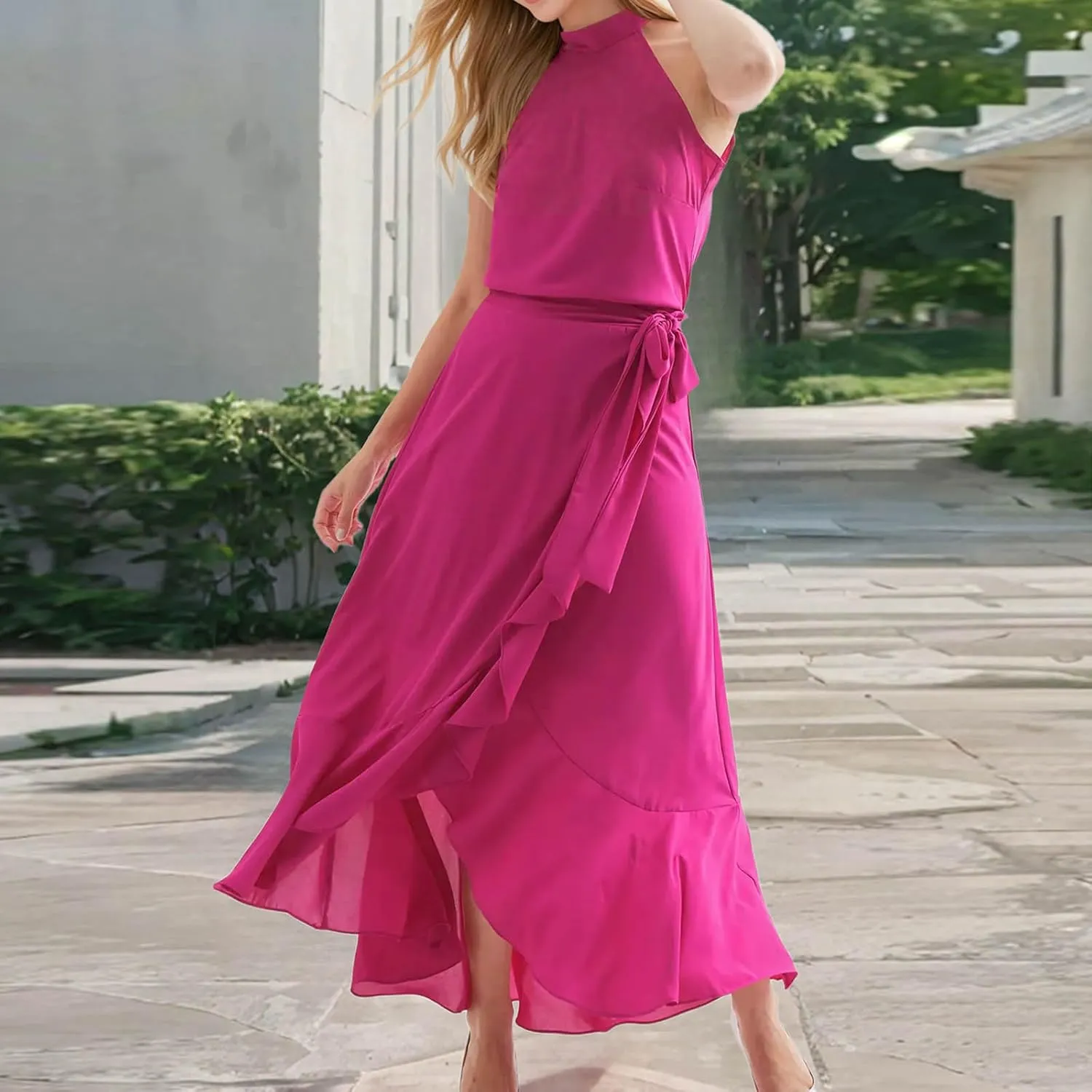 Women Elegant Halter A-Line Dress Summer Flowy Wrap Wrap Hem High-Low Dresses Bleted High Waist Prom Maxi Dress