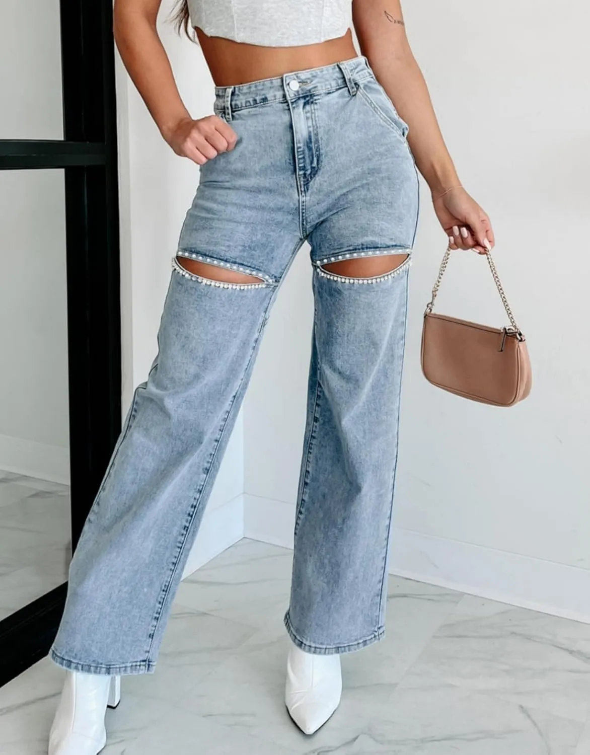 Women High Waist Denim Jeans Rhinestone Trim Bling Jeans Plus Size Denim Pants