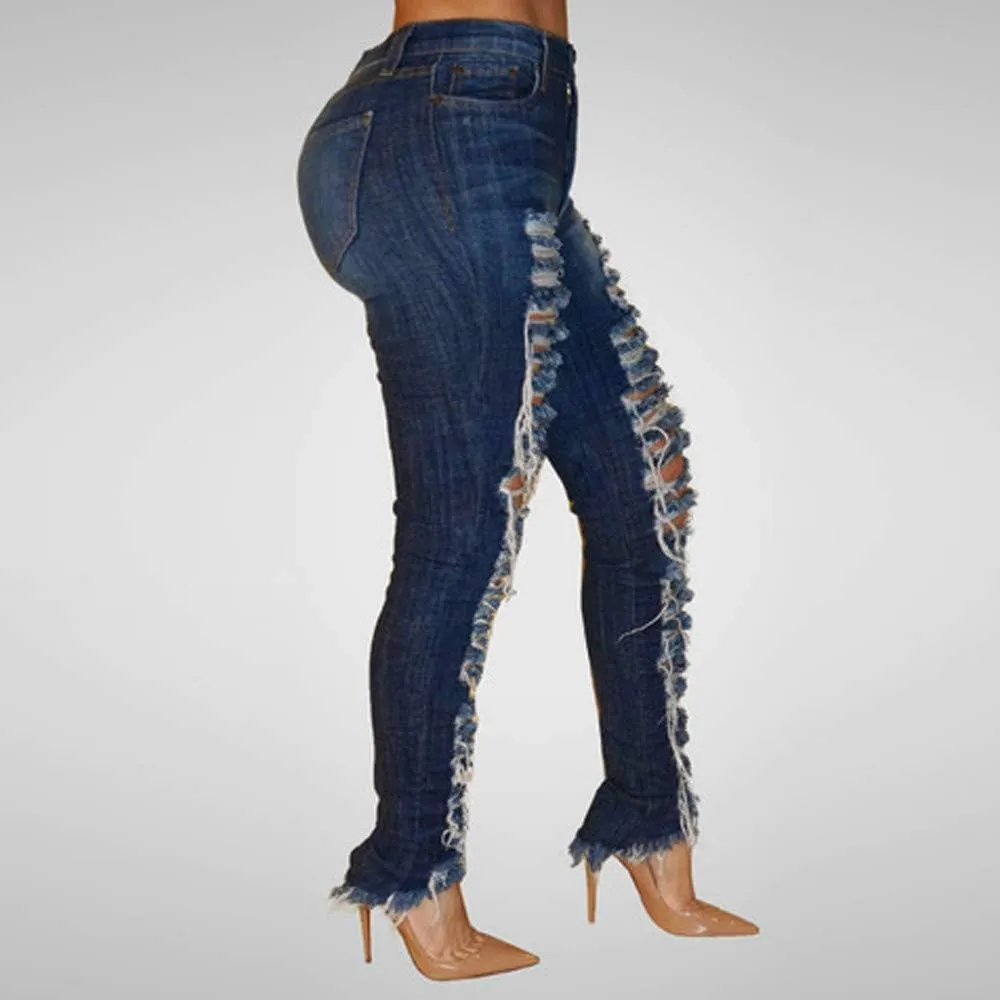 Women High Waisted Trendy Denim Jeans with Pockets Casual Baggy Hole Skinny Denim Jeans Stretch Slim Pants Calf Length Jeans