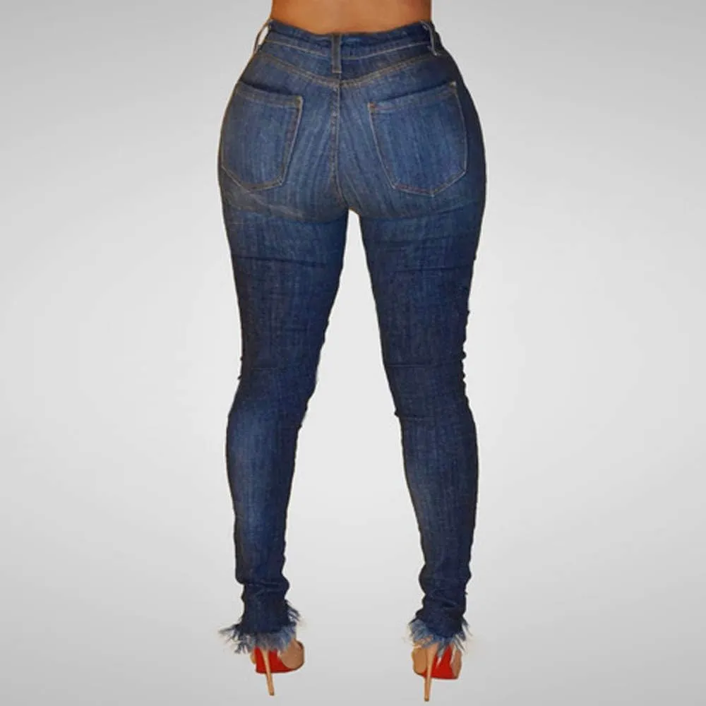 Women High Waisted Trendy Denim Jeans with Pockets Casual Baggy Hole Skinny Denim Jeans Stretch Slim Pants Calf Length Jeans