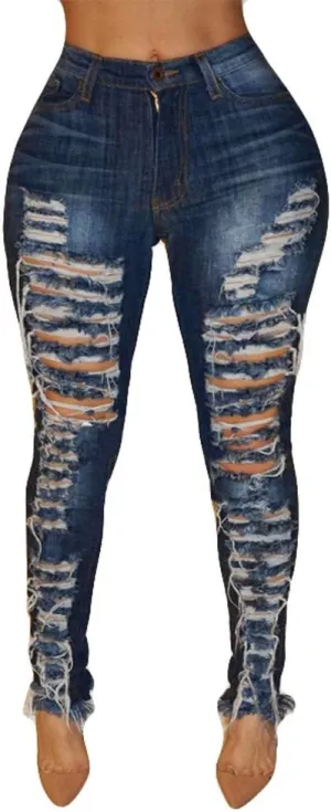 Women High Waisted Trendy Denim Jeans with Pockets Casual Baggy Hole Skinny Denim Jeans Stretch Slim Pants Calf Length Jeans