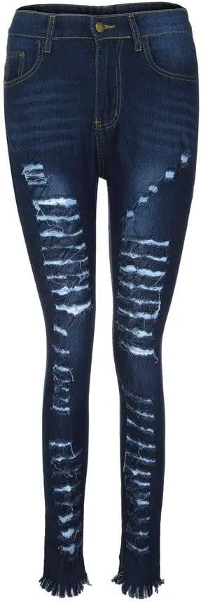 Women High Waisted Trendy Denim Jeans with Pockets Casual Baggy Hole Skinny Denim Jeans Stretch Slim Pants Calf Length Jeans