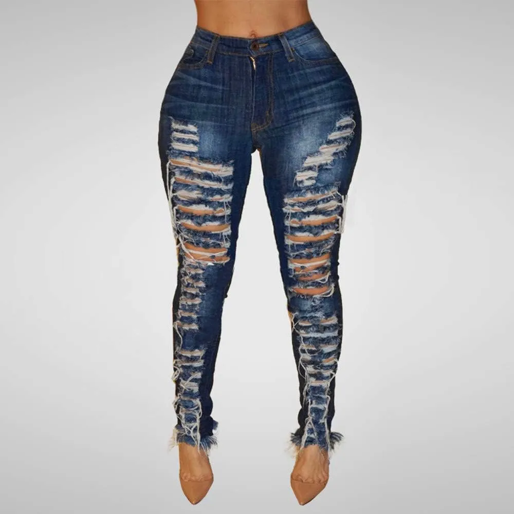 Women High Waisted Trendy Denim Jeans with Pockets Casual Baggy Hole Skinny Denim Jeans Stretch Slim Pants Calf Length Jeans
