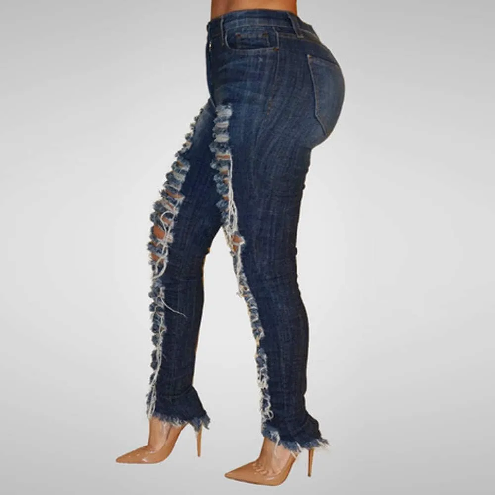 Women High Waisted Trendy Denim Jeans with Pockets Casual Baggy Hole Skinny Denim Jeans Stretch Slim Pants Calf Length Jeans