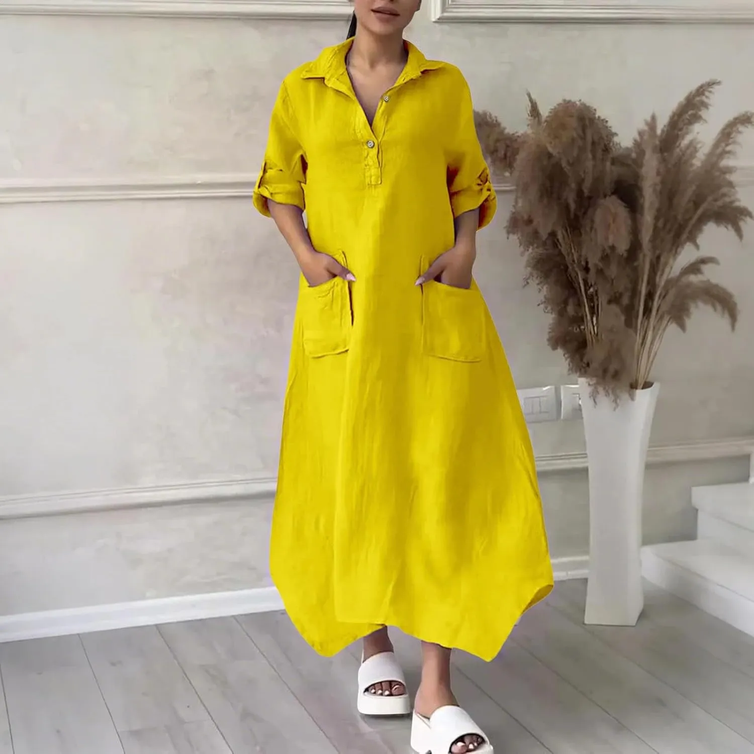 Women Solid Color Long Rolled Sleeve Dress Lapel Collar Button Casual Maxi Dress Loose Fit Basic Dresses with Pockets
