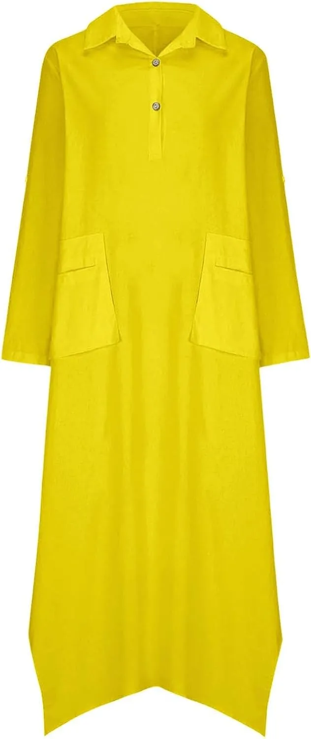 Women Solid Color Long Rolled Sleeve Dress Lapel Collar Button Casual Maxi Dress Loose Fit Basic Dresses with Pockets