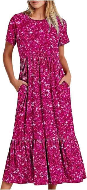 Women Sparkly Printed Cocktail Dresses Tiered Short Sleeve Crew Neck Ruched Elastic Waist Midi Dress with Pockets