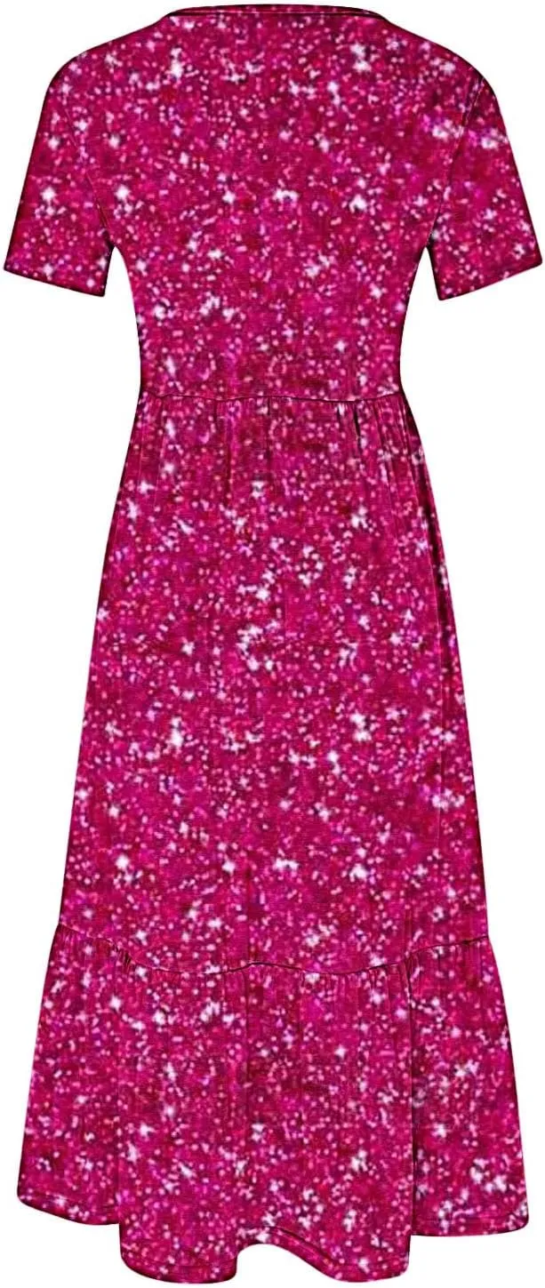 Women Sparkly Printed Cocktail Dresses Tiered Short Sleeve Crew Neck Ruched Elastic Waist Midi Dress with Pockets