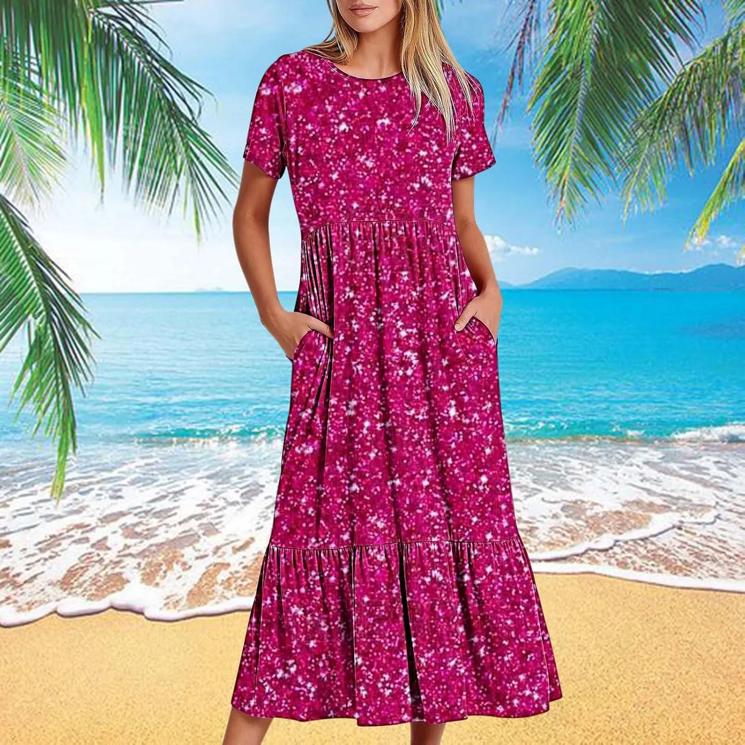 Women Sparkly Printed Cocktail Dresses Tiered Short Sleeve Crew Neck Ruched Elastic Waist Midi Dress with Pockets