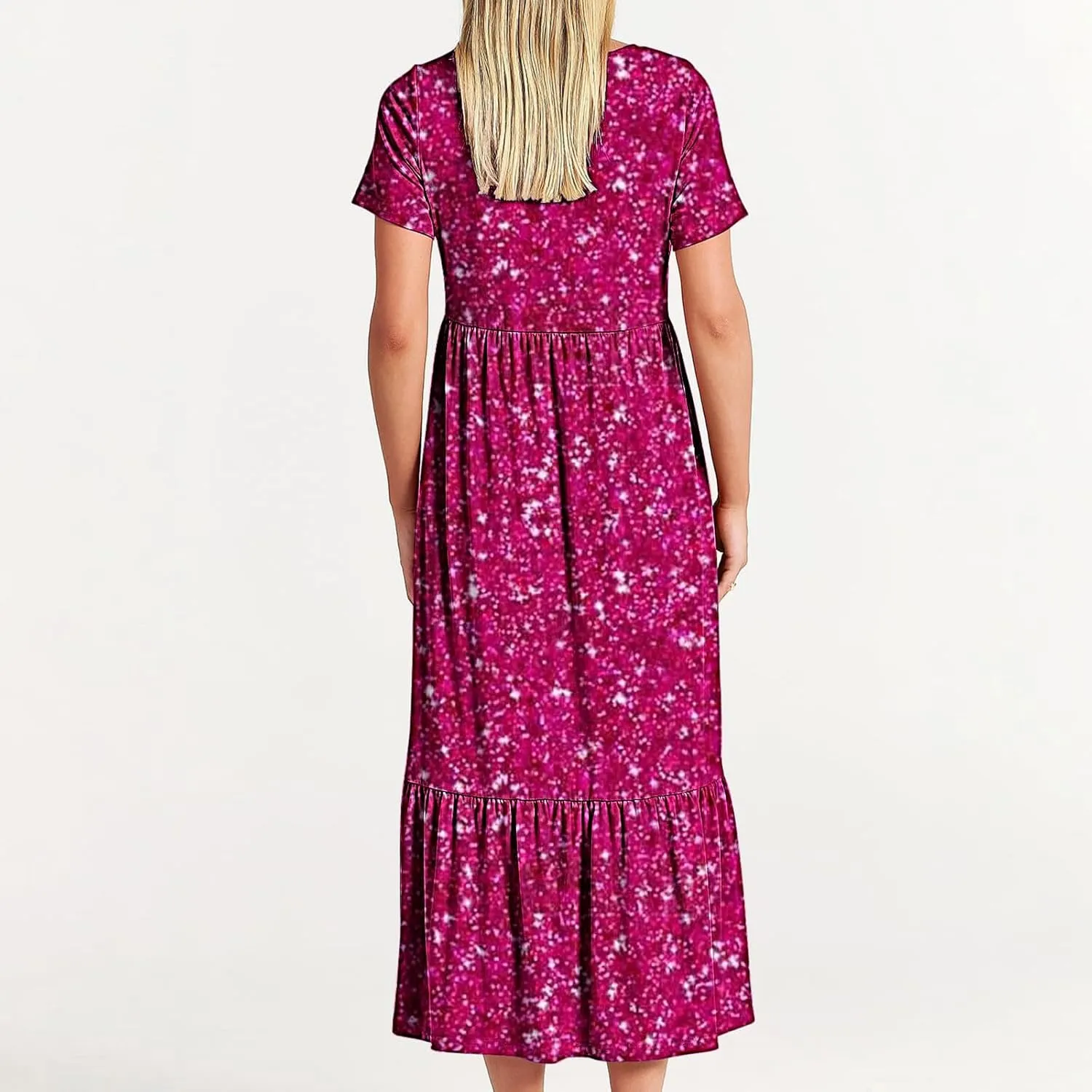 Women Sparkly Printed Cocktail Dresses Tiered Short Sleeve Crew Neck Ruched Elastic Waist Midi Dress with Pockets