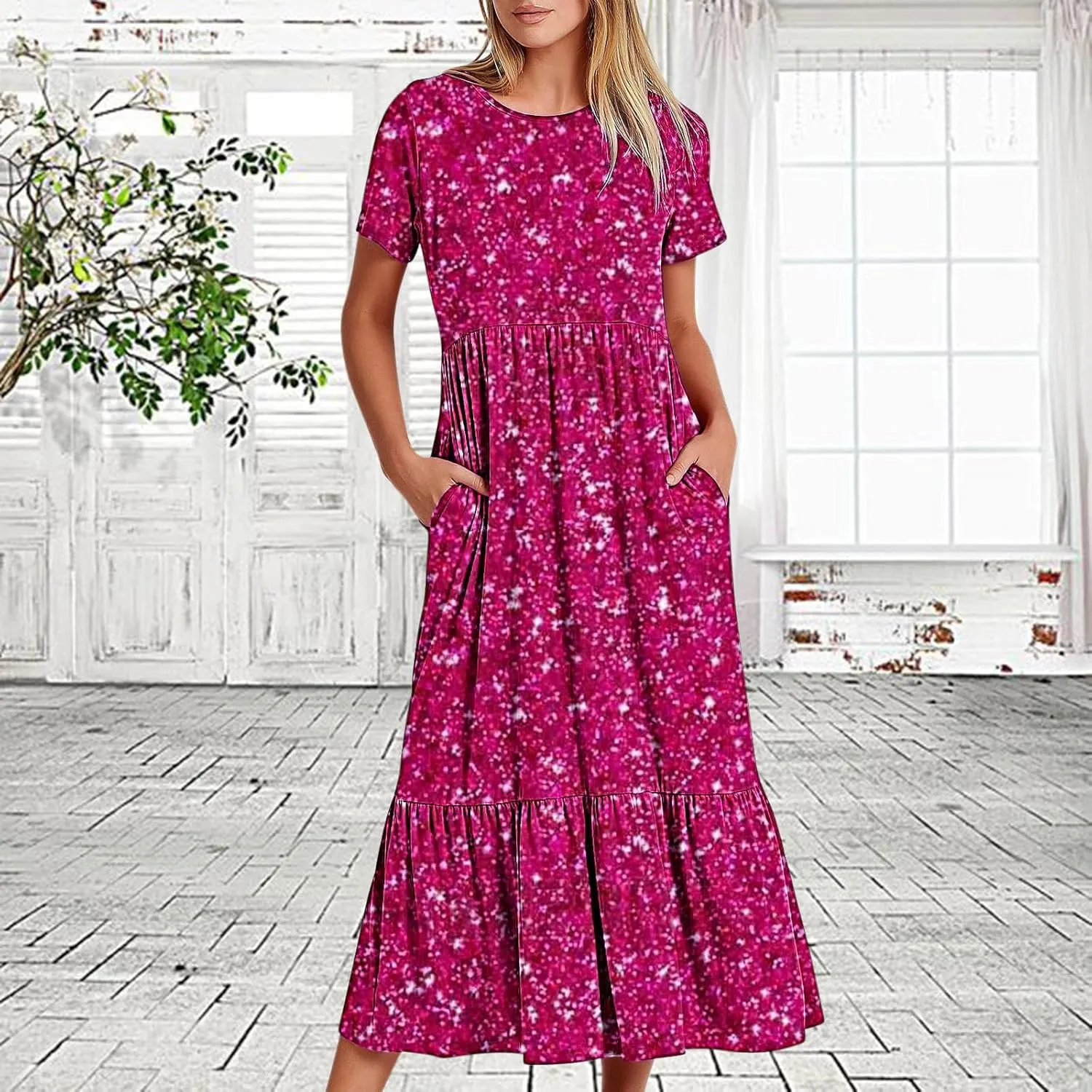 Women Sparkly Printed Cocktail Dresses Tiered Short Sleeve Crew Neck Ruched Elastic Waist Midi Dress with Pockets