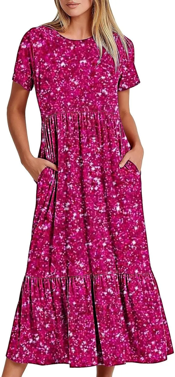 Women Sparkly Printed Cocktail Dresses Tiered Short Sleeve Crew Neck Ruched Elastic Waist Midi Dress with Pockets