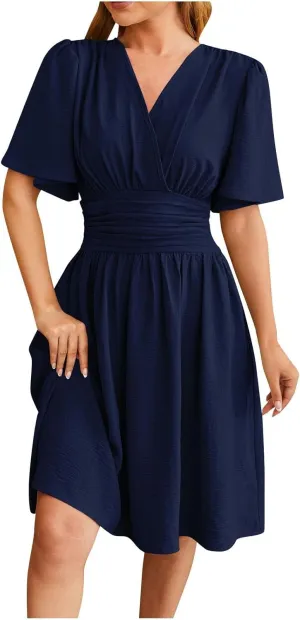 Women Spring Summer Dresses Cinched Flared Sleeve Fashion Outfits V Neck Elegant Knee Length Ladies Dresses