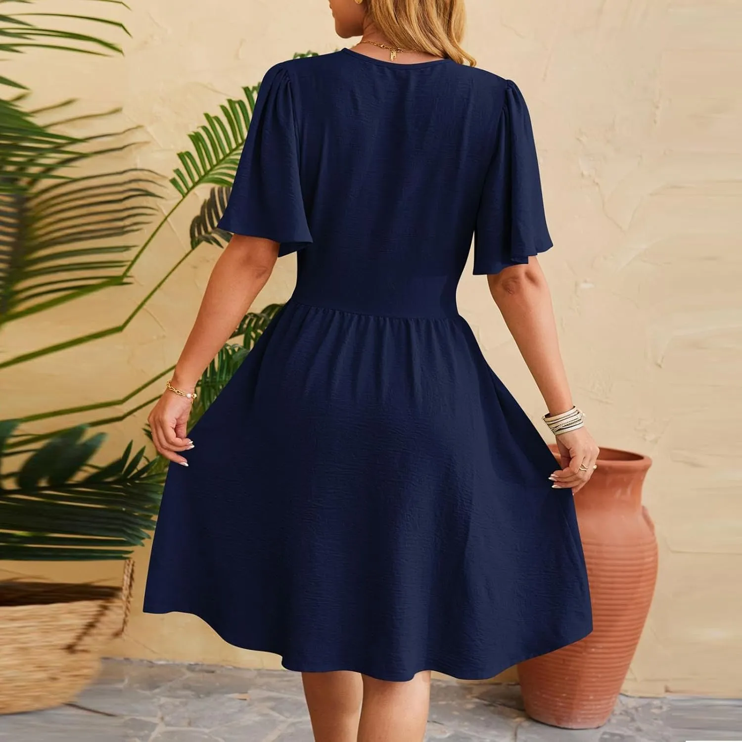 Women Spring Summer Dresses Cinched Flared Sleeve Fashion Outfits V Neck Elegant Knee Length Ladies Dresses