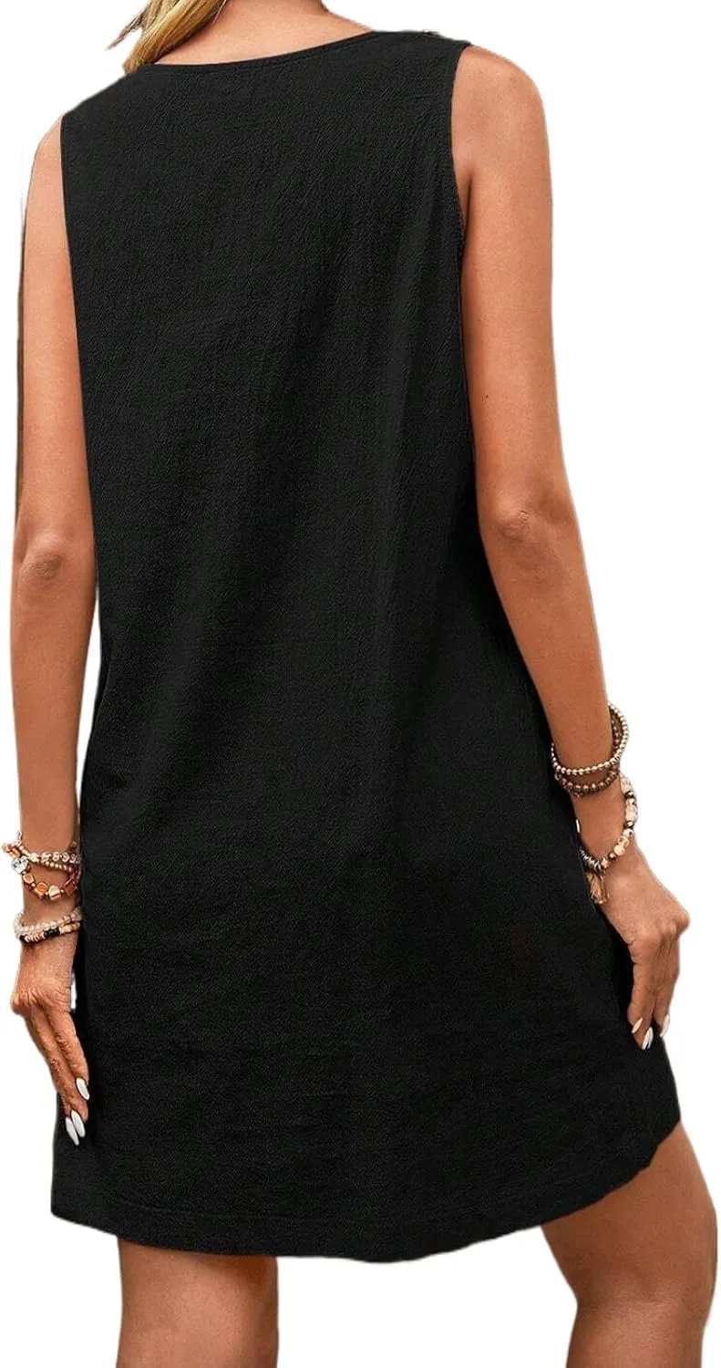Women Summer A Line Midi Dress Sleeveless Beach Skater Tank Sundress Linen Crewneck Loose Casual Mini Dresses Pockets