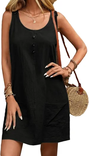 Women Summer A Line Midi Dress Sleeveless Beach Skater Tank Sundress Linen Crewneck Loose Casual Mini Dresses Pockets