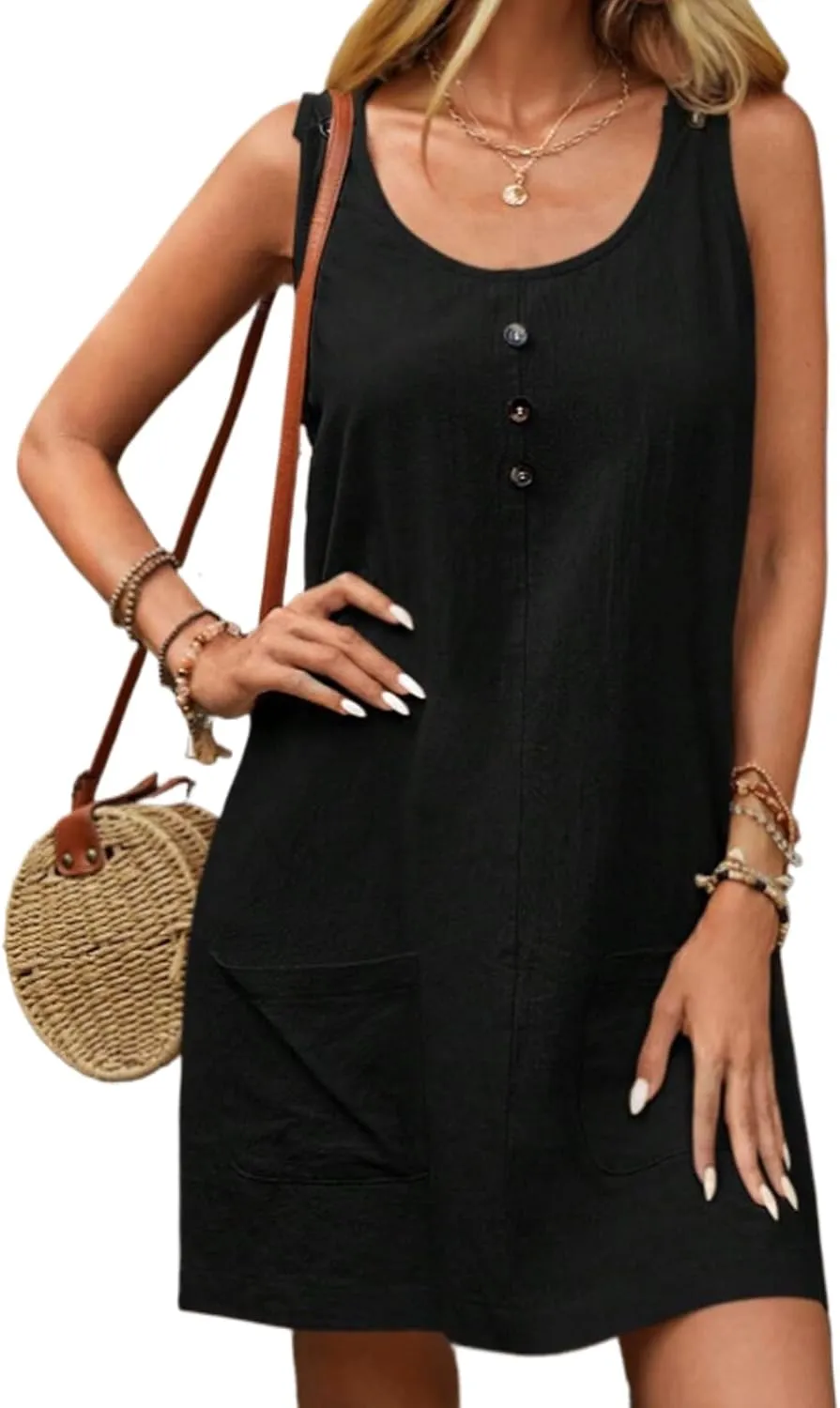 Women Summer A Line Midi Dress Sleeveless Beach Skater Tank Sundress Linen Crewneck Loose Casual Mini Dresses Pockets