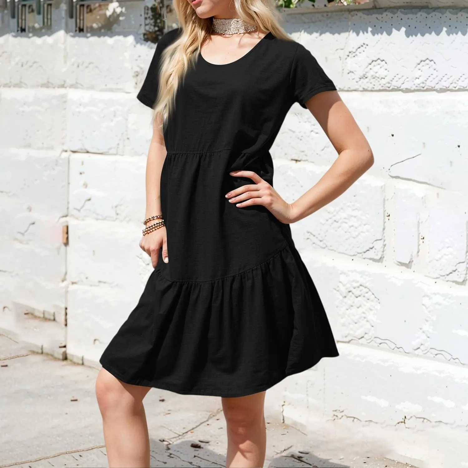 Women Summer Casual Short Sleeve Crewneck Aline Swing Flowy Tiered Shirt Mini Beach Short Sundress with Pockets