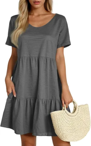 Women Summer Casual Short Sleeve Crewneck Aline Swing Flowy Tiered Shirt Mini Beach Short Sundress with Pockets