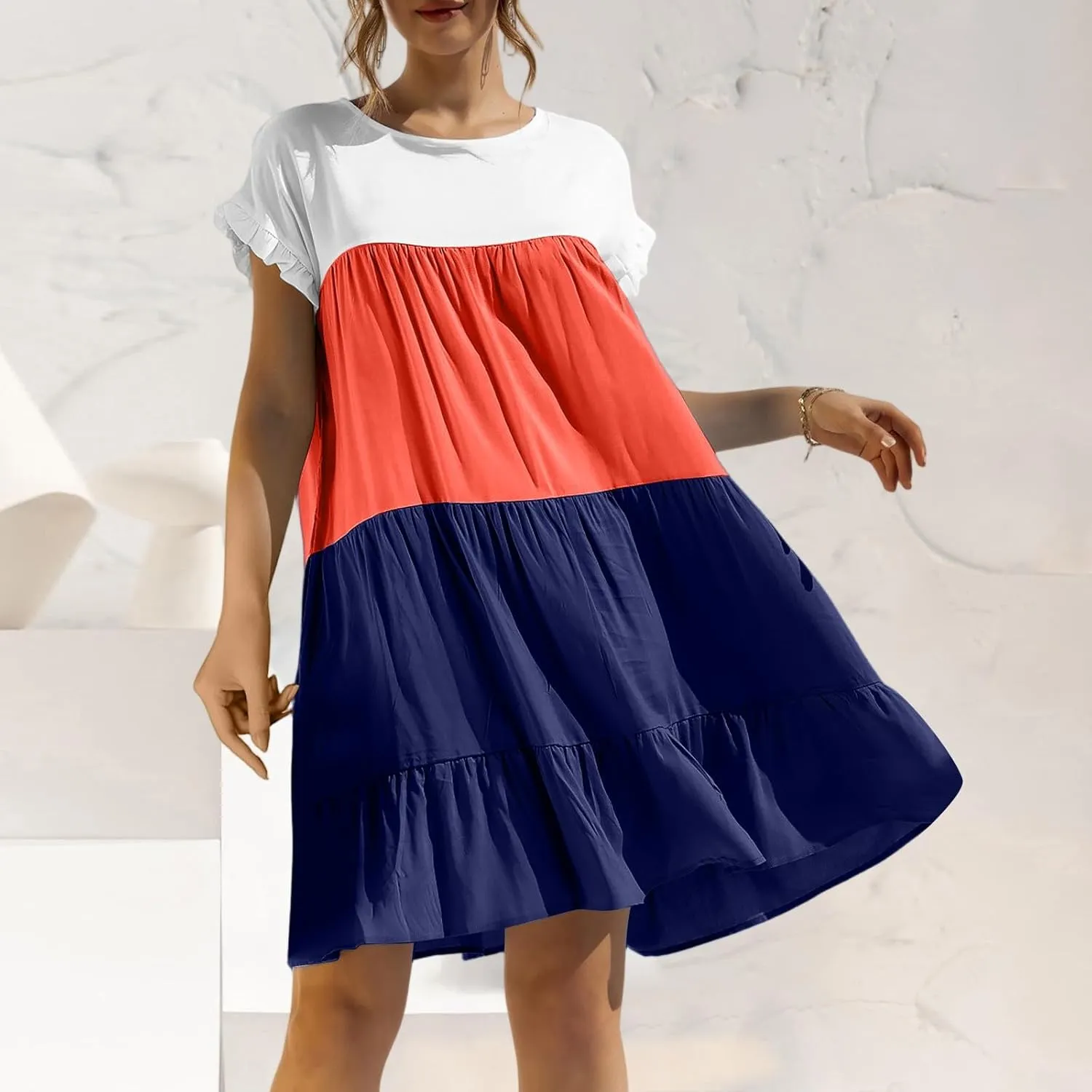 Women Summer Casual Short Sleeve Crewneck Aline Swing Flowy Tiered Shirt Mini Beach Short Sundress with Pockets