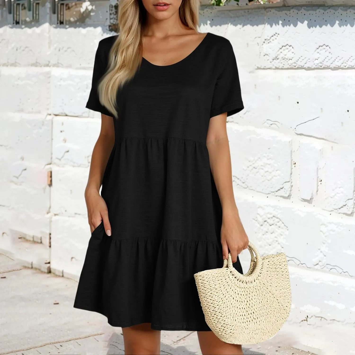Women Summer Casual Short Sleeve Crewneck Aline Swing Flowy Tiered Shirt Mini Beach Short Sundress with Pockets