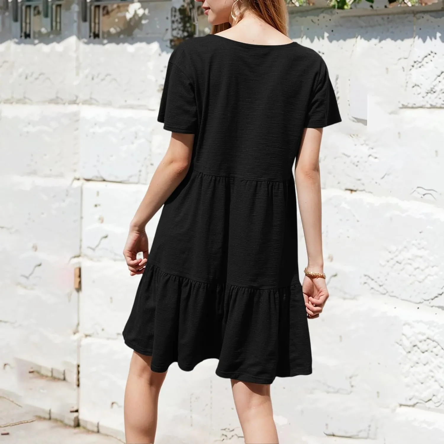 Women Summer Casual Short Sleeve Crewneck Aline Swing Flowy Tiered Shirt Mini Beach Short Sundress with Pockets