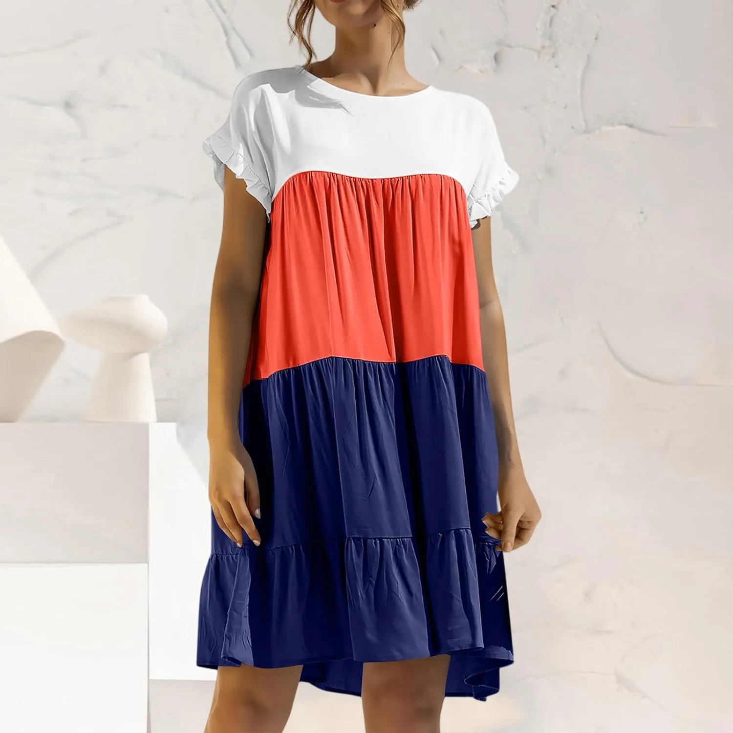 Women Summer Casual Short Sleeve Crewneck Aline Swing Flowy Tiered Shirt Mini Beach Short Sundress with Pockets