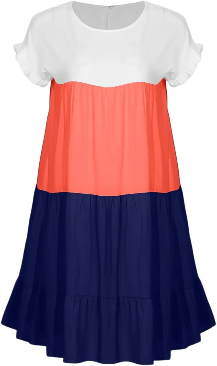 Women Summer Casual Short Sleeve Crewneck Aline Swing Flowy Tiered Shirt Mini Beach Short Sundress with Pockets
