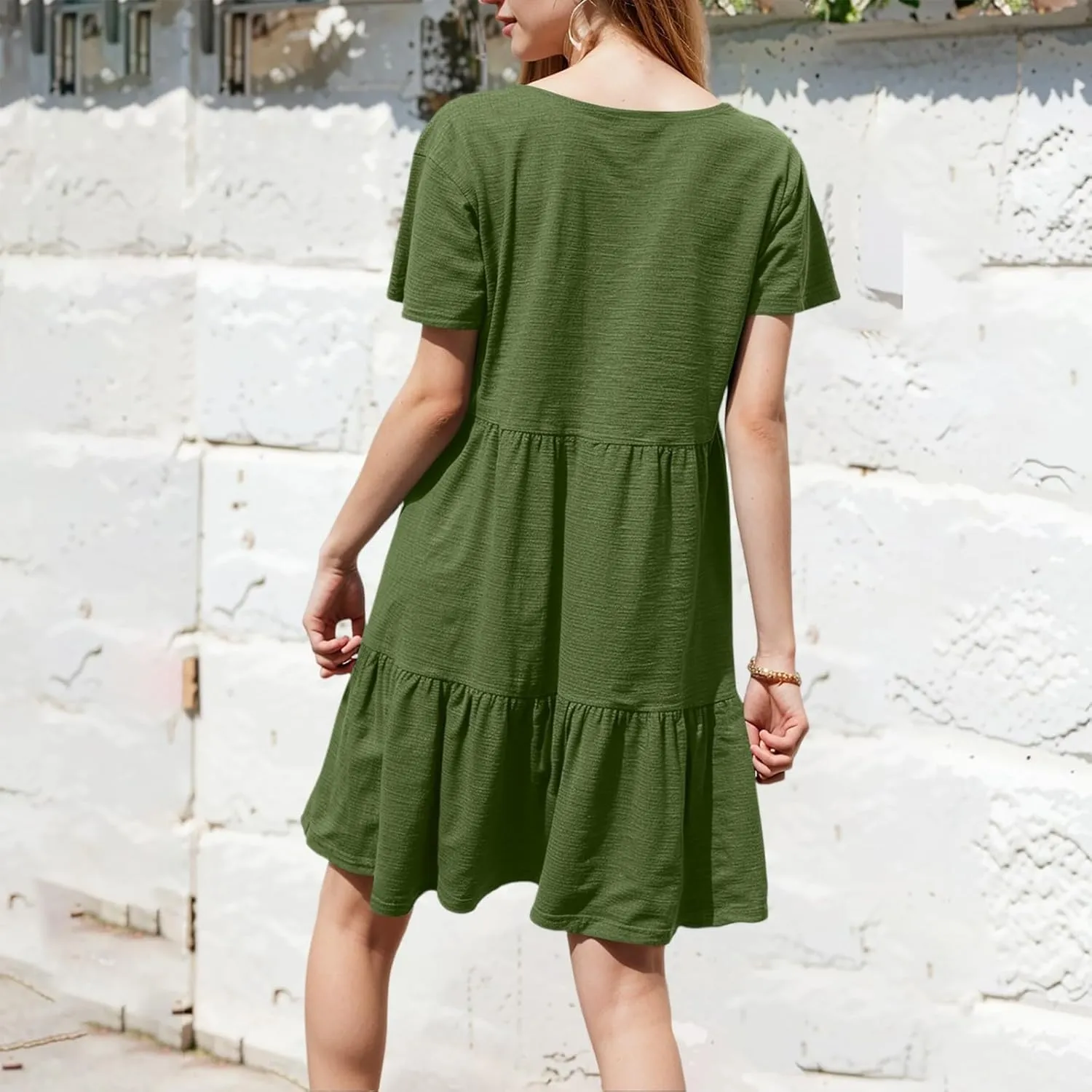 Women Summer Casual Short Sleeve Crewneck Aline Swing Flowy Tiered Shirt Mini Beach Short Sundress with Pockets