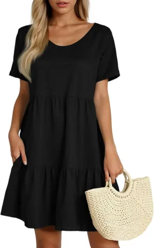 Women Summer Casual Short Sleeve Crewneck Aline Swing Flowy Tiered Shirt Mini Beach Short Sundress with Pockets