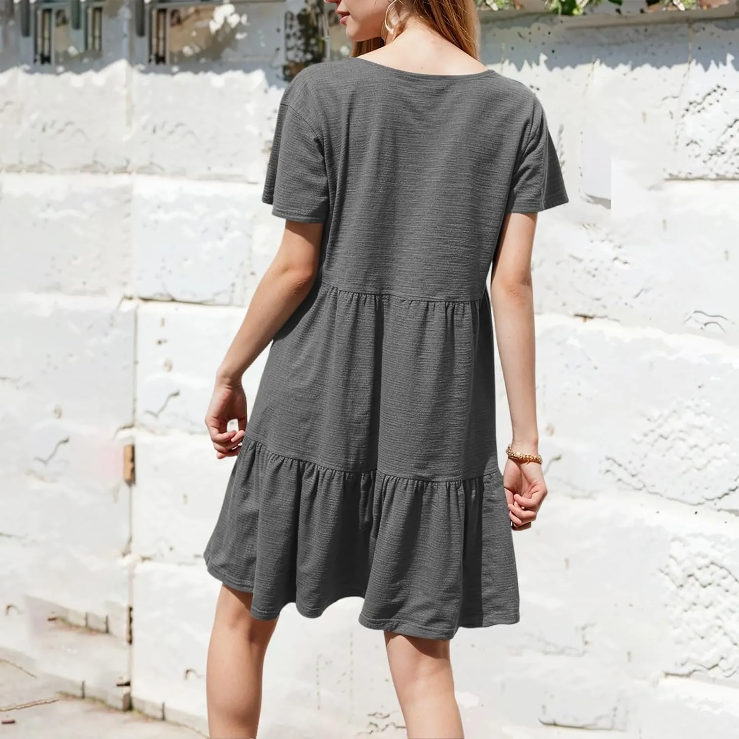 Women Summer Casual Short Sleeve Crewneck Aline Swing Flowy Tiered Shirt Mini Beach Short Sundress with Pockets