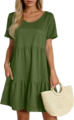 Women Summer Casual Short Sleeve Crewneck Aline Swing Flowy Tiered Shirt Mini Beach Short Sundress with Pockets