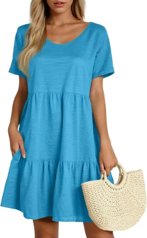 Women Summer Casual Short Sleeve Crewneck Aline Swing Flowy Tiered Shirt Mini Beach Short Sundress with Pockets