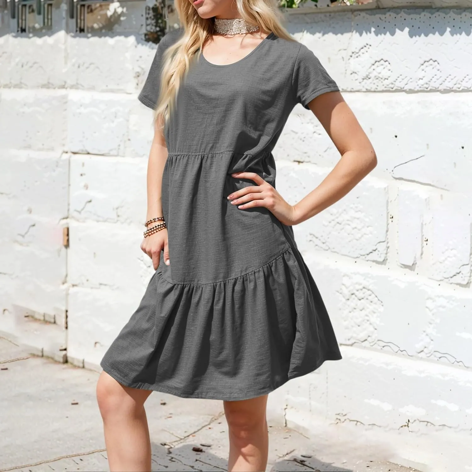 Women Summer Casual Short Sleeve Crewneck Aline Swing Flowy Tiered Shirt Mini Beach Short Sundress with Pockets