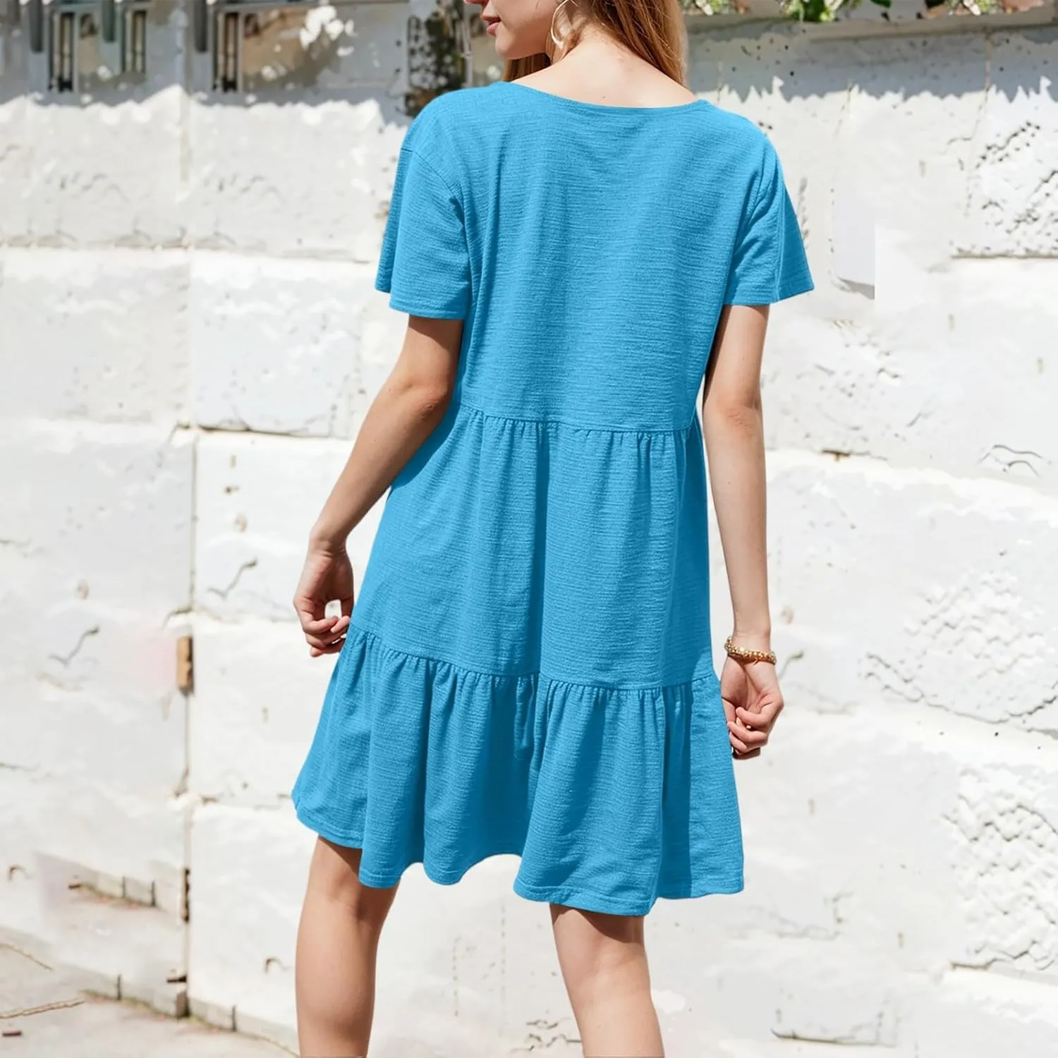 Women Summer Casual Short Sleeve Crewneck Aline Swing Flowy Tiered Shirt Mini Beach Short Sundress with Pockets