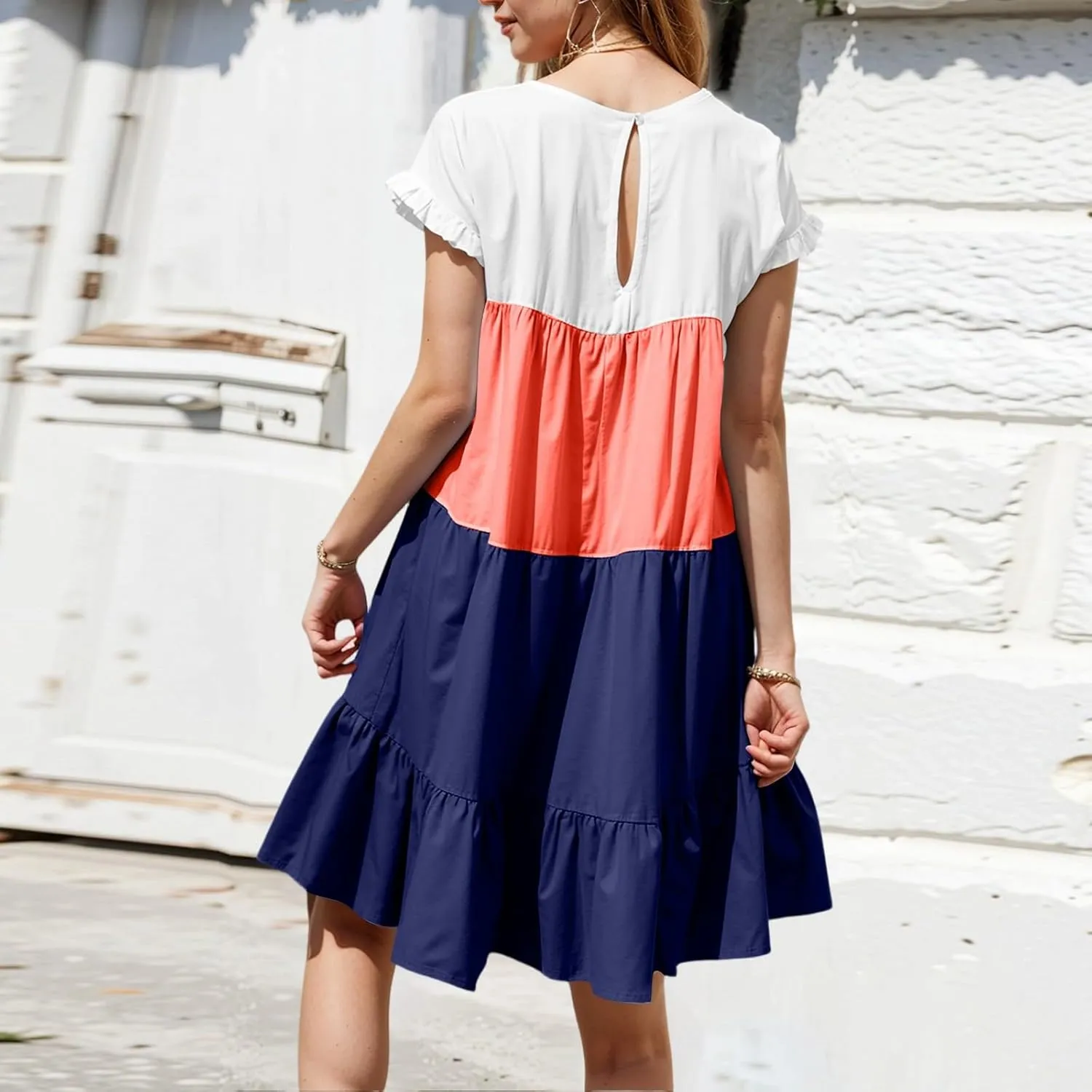 Women Summer Casual Short Sleeve Crewneck Aline Swing Flowy Tiered Shirt Mini Beach Short Sundress with Pockets