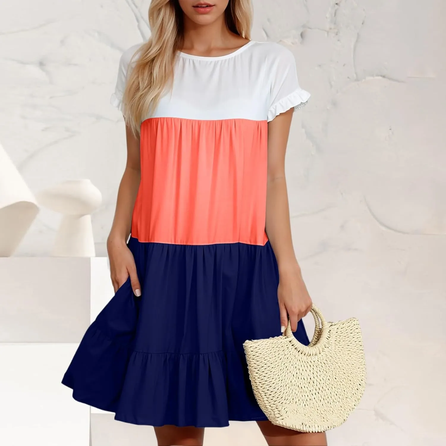 Women Summer Casual Short Sleeve Crewneck Aline Swing Flowy Tiered Shirt Mini Beach Short Sundress with Pockets