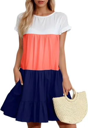 Women Summer Casual Short Sleeve Crewneck Aline Swing Flowy Tiered Shirt Mini Beach Short Sundress with Pockets