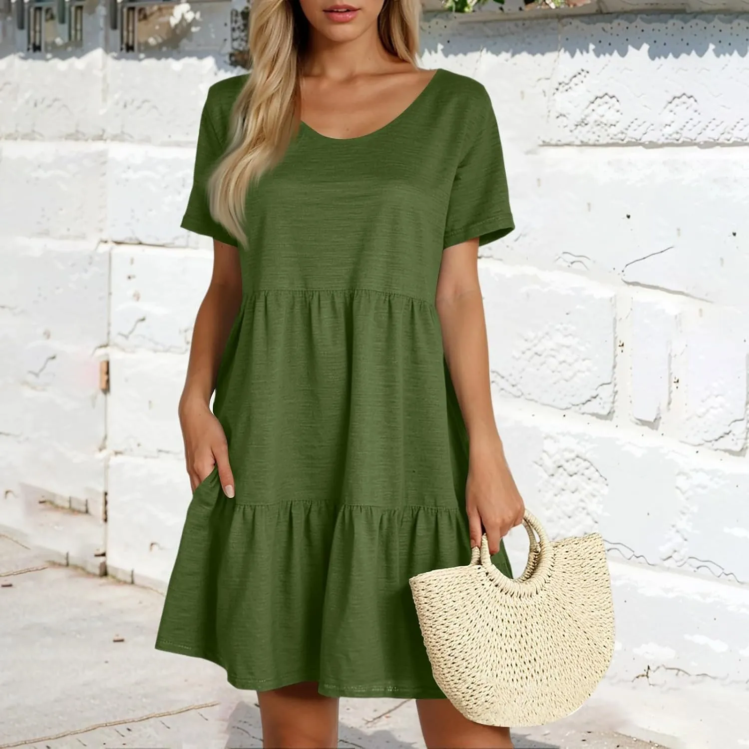 Women Summer Casual Short Sleeve Crewneck Aline Swing Flowy Tiered Shirt Mini Beach Short Sundress with Pockets