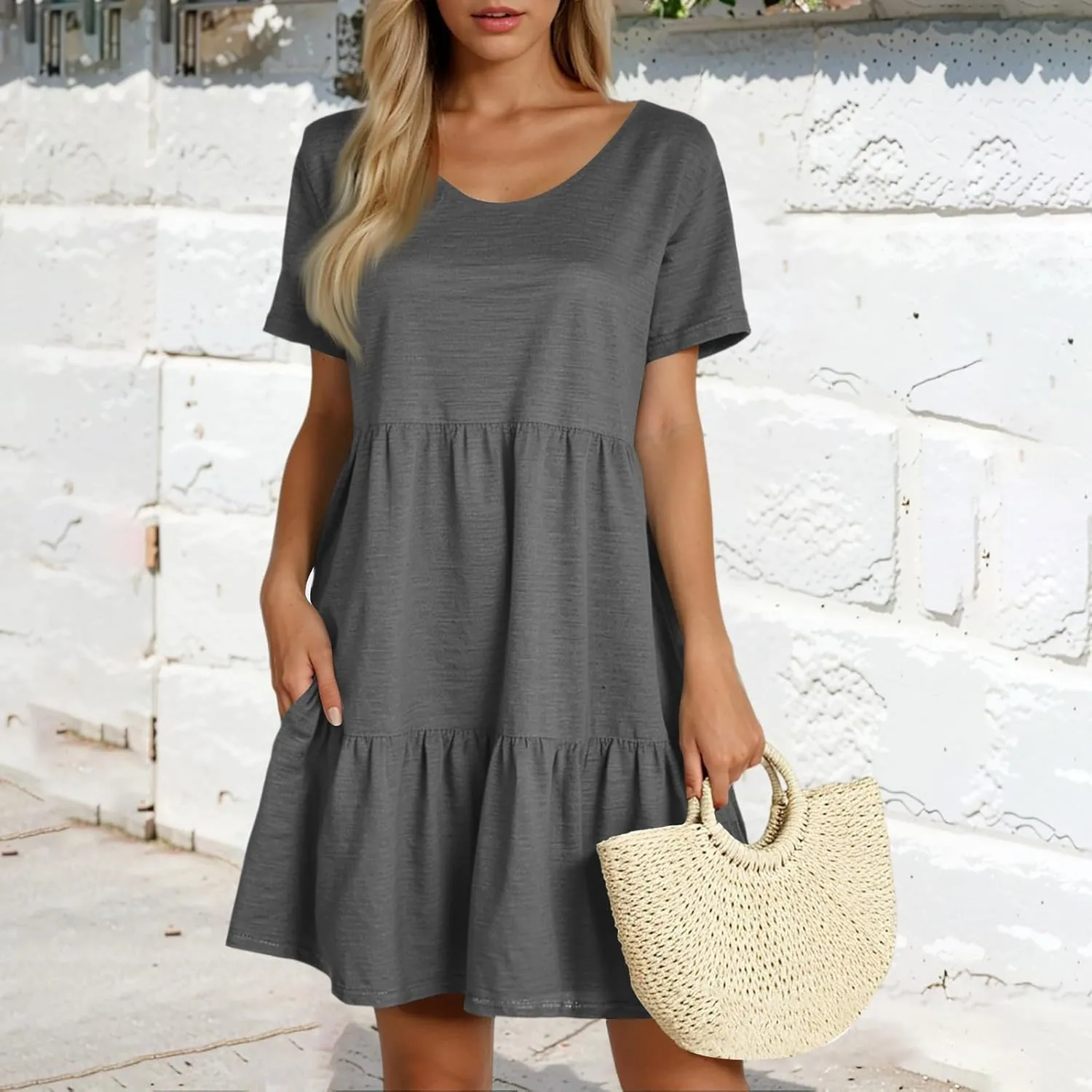 Women Summer Casual Short Sleeve Crewneck Aline Swing Flowy Tiered Shirt Mini Beach Short Sundress with Pockets