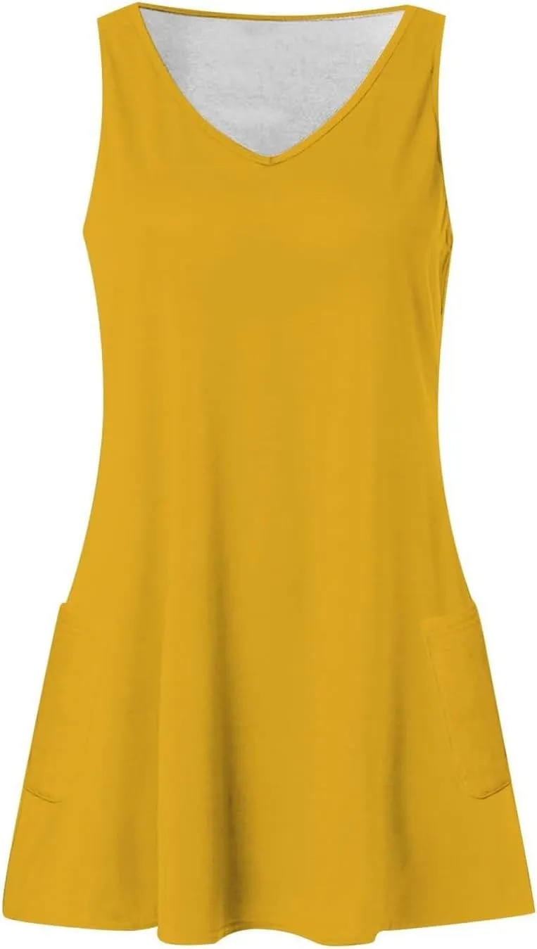 Women Summer Dresses 2025 Casual V Neck Sleeveless Sundress A-Line Mini Beach Vacation Dress with Two Side Pocket