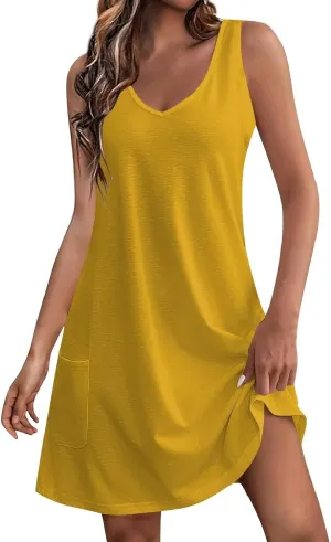 Women Summer Dresses 2025 Casual V Neck Sleeveless Sundress A-Line Mini Beach Vacation Dress with Two Side Pocket