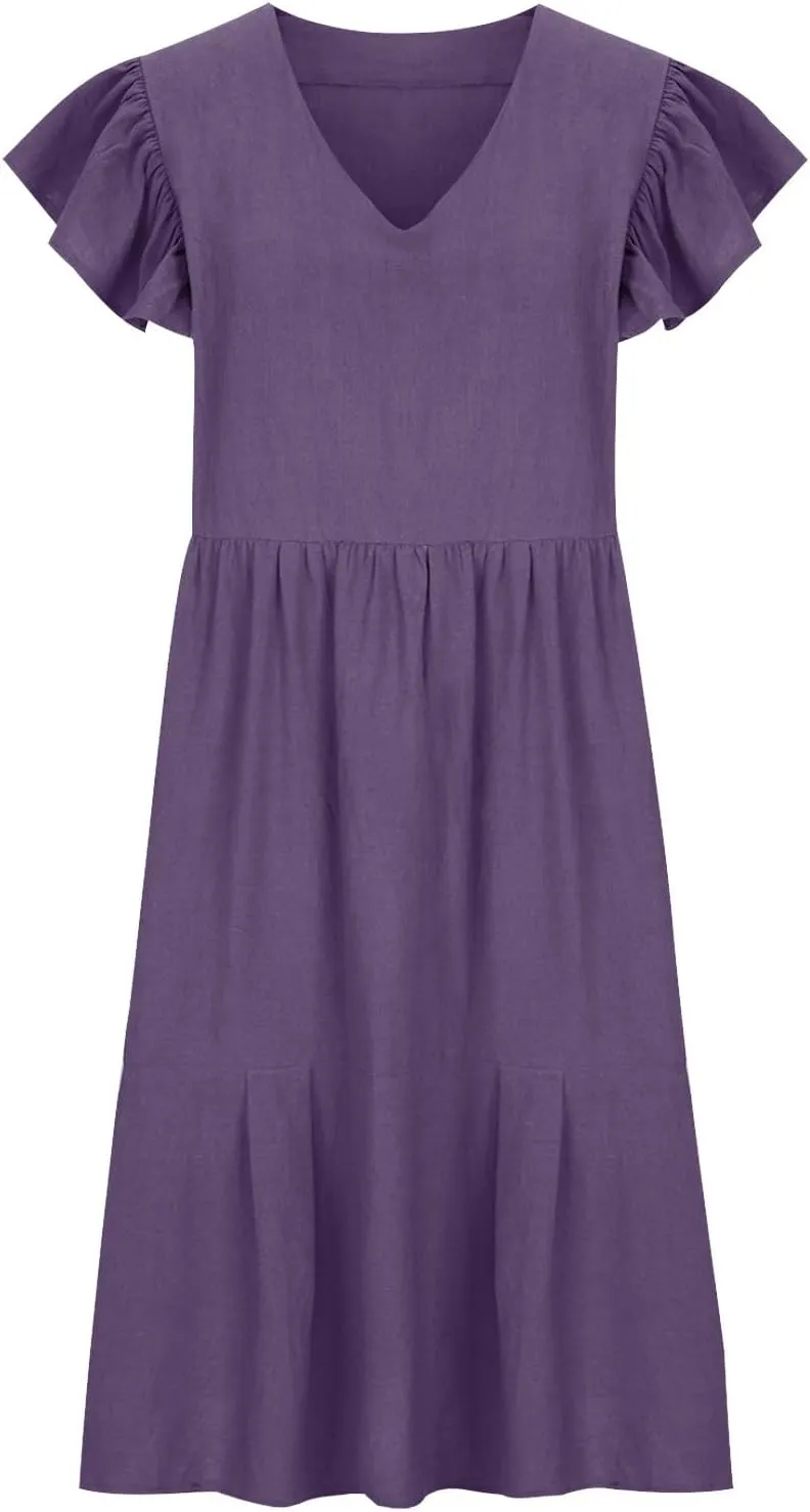 Women Summer Tunic Dress V Neck Short Sleeve Ruffled Casual Loose Flowy Swing Shift Mid Calf Dresses, Large, Black