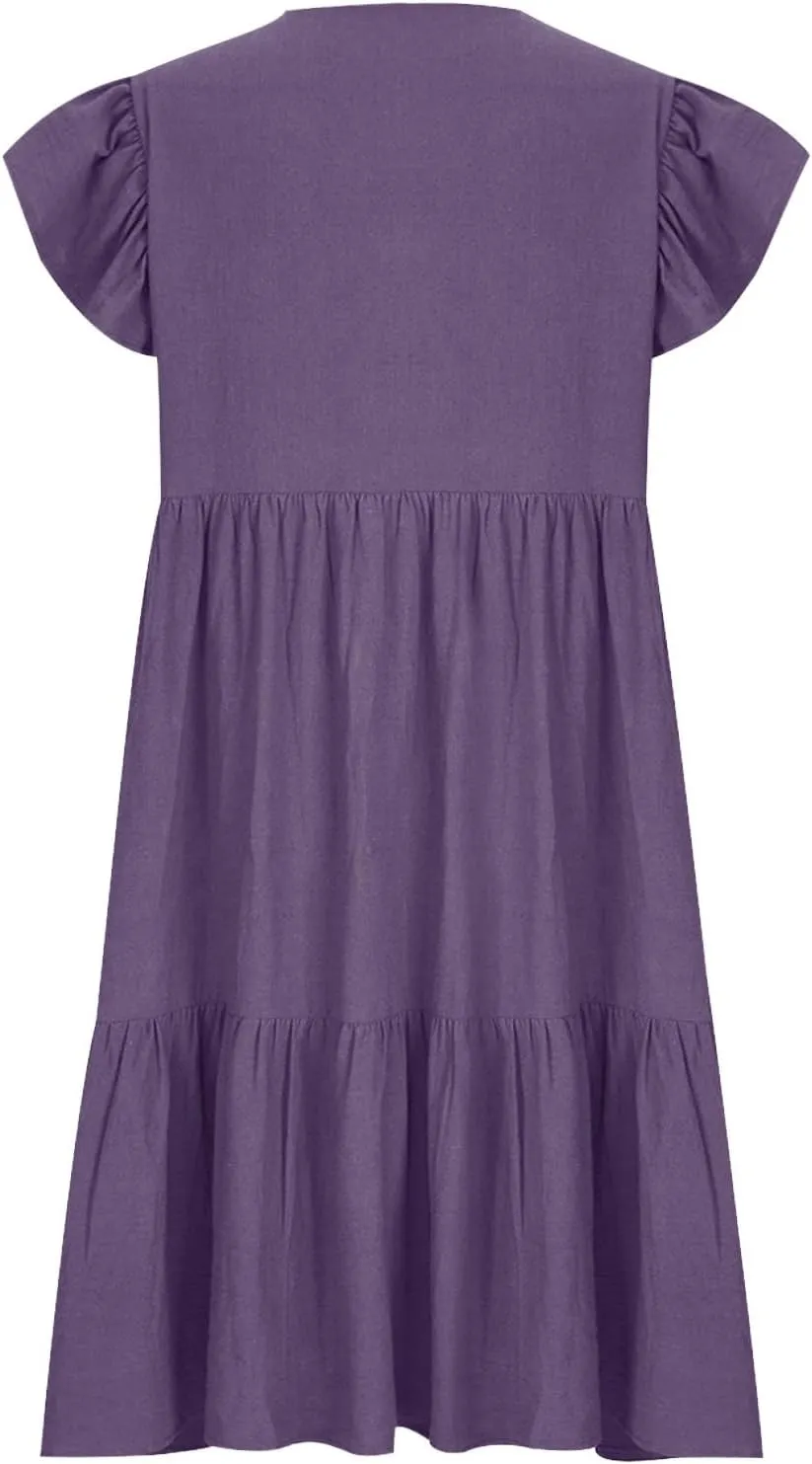 Women Summer Tunic Dress V Neck Short Sleeve Ruffled Casual Loose Flowy Swing Shift Mid Calf Dresses, Large, Black