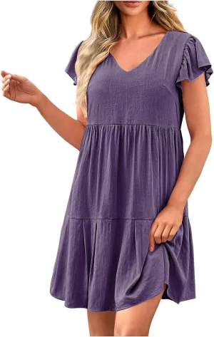 Women Summer Tunic Dress V Neck Short Sleeve Ruffled Casual Loose Flowy Swing Shift Mid Calf Dresses, Large, Black