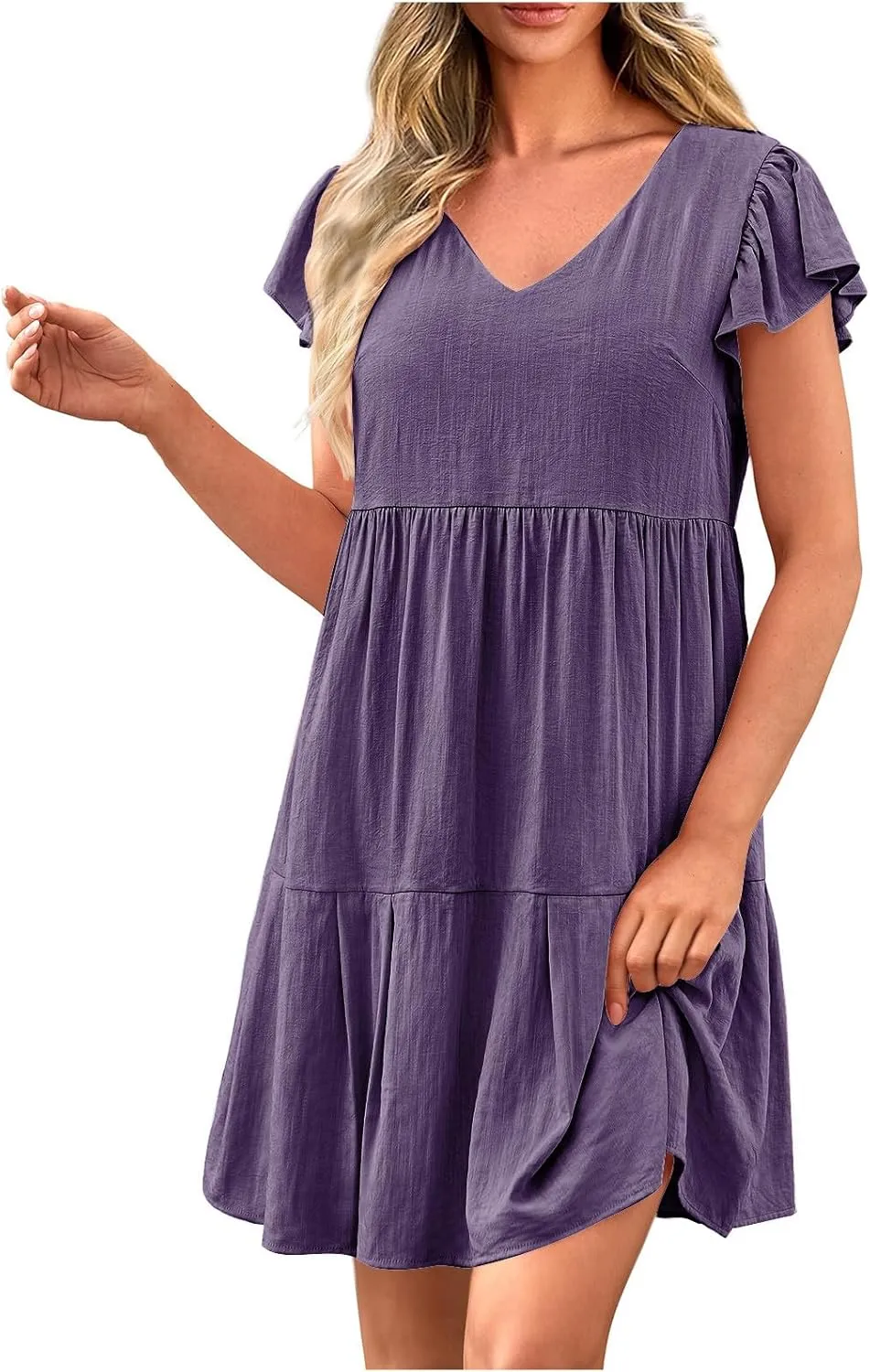 Women Summer Tunic Dress V Neck Short Sleeve Ruffled Casual Loose Flowy Swing Shift Mid Calf Dresses, Large, Black