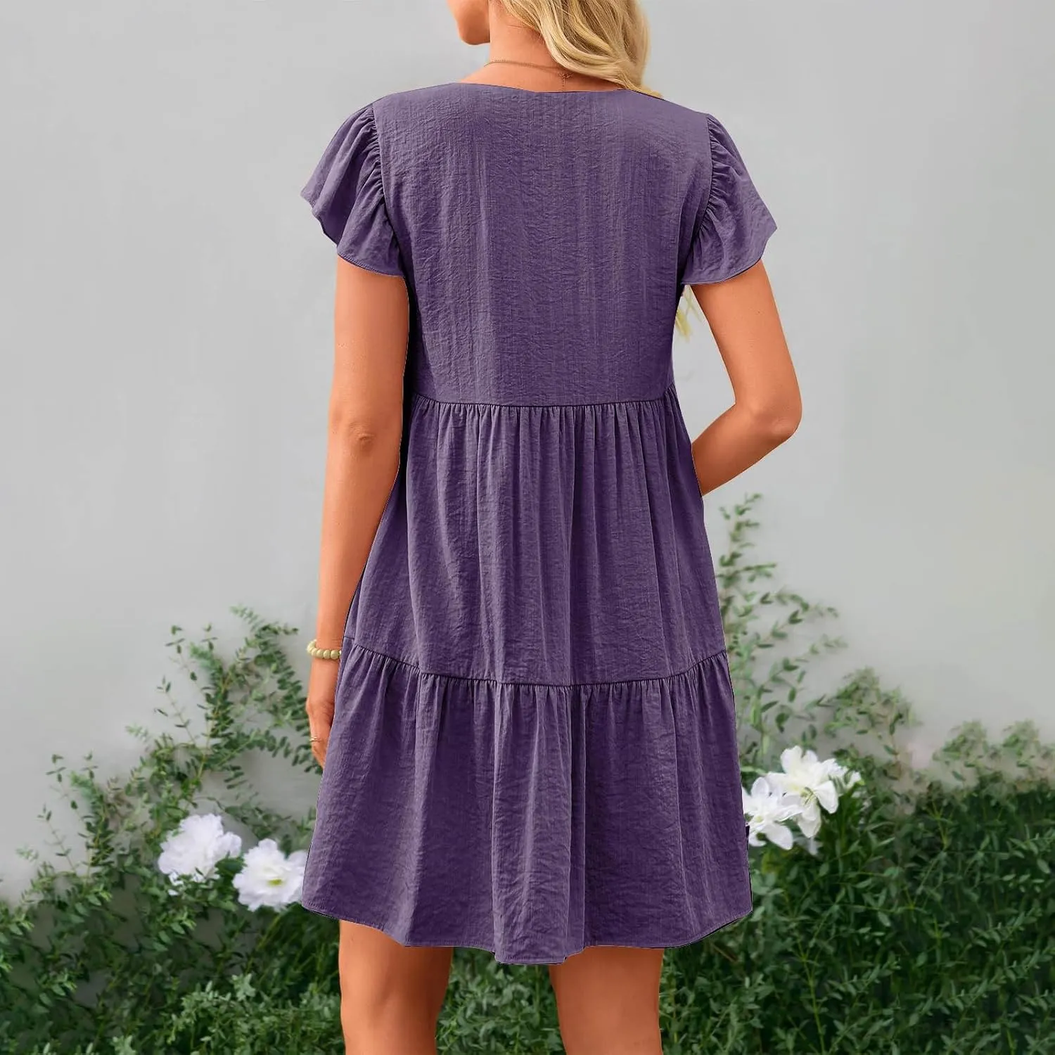 Women Summer Tunic Dress V Neck Short Sleeve Ruffled Casual Loose Flowy Swing Shift Mid Calf Dresses, Large, Black