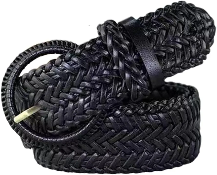 Women Wide Braided Leather Belt 1.6 inch Ladies Soft Woven Waistband with Buckle