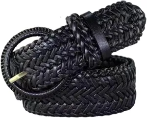 Women Wide Braided Leather Belt 1.6 inch Ladies Soft Woven Waistband with Buckle