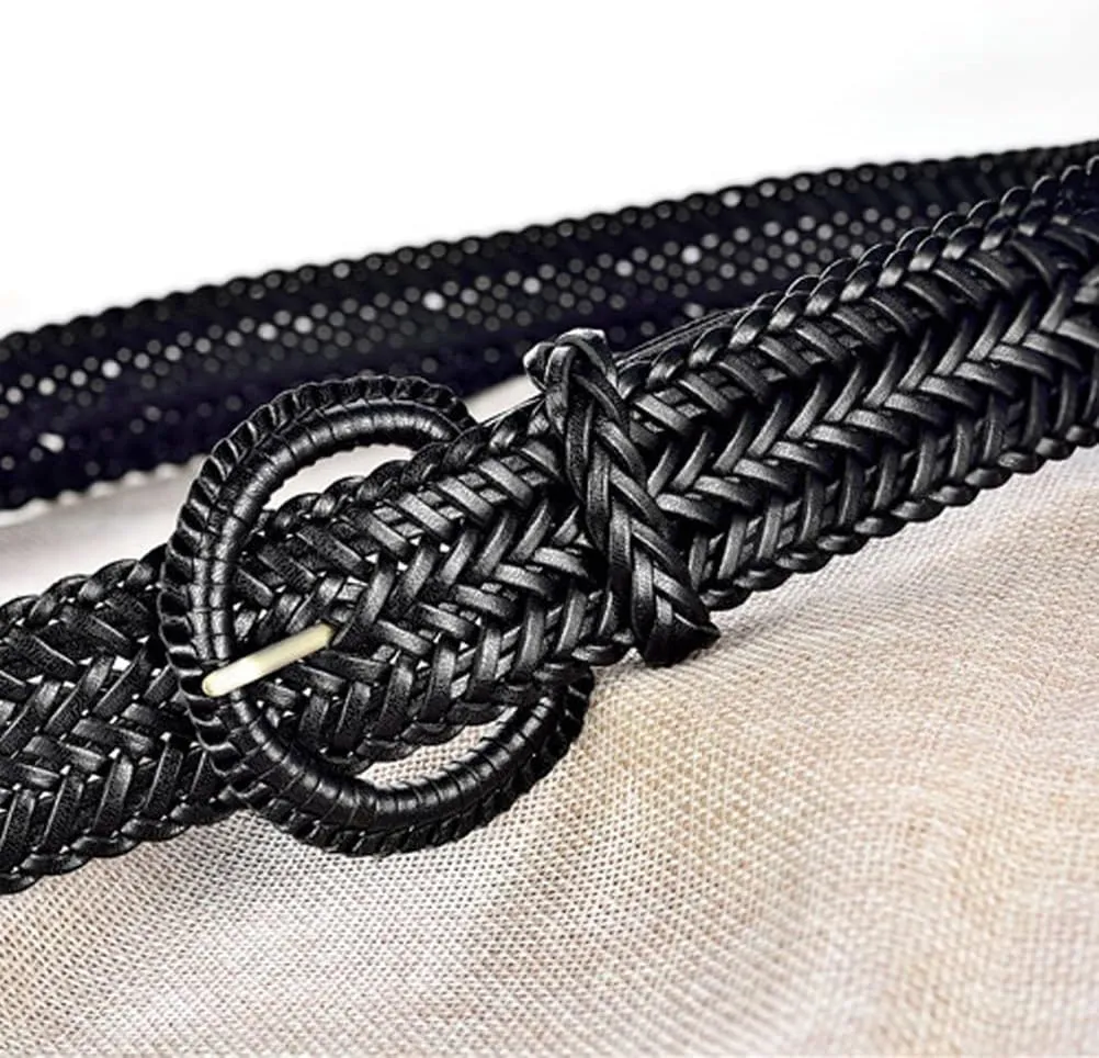 Women Wide Braided Leather Belt 1.6 inch Ladies Soft Woven Waistband with Buckle